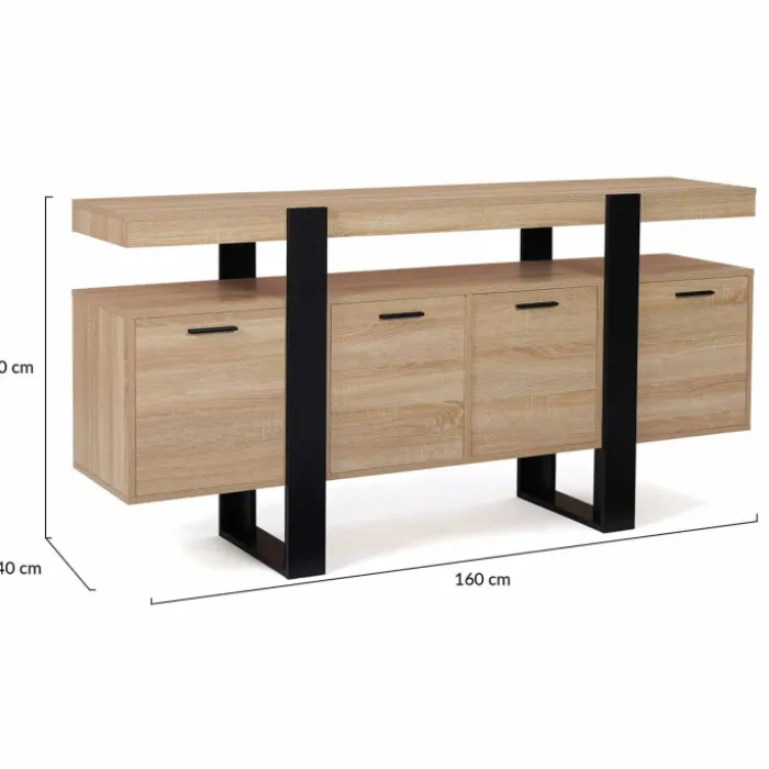 Grand buffet bois et noir 160 cm 4 portes
