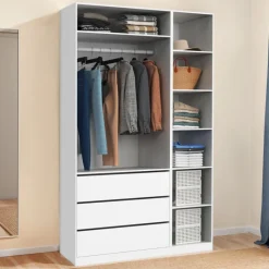 Grand dressing modulable blanc 200 cm avec 1 penderie, 7 étagères et 3 tiroirs