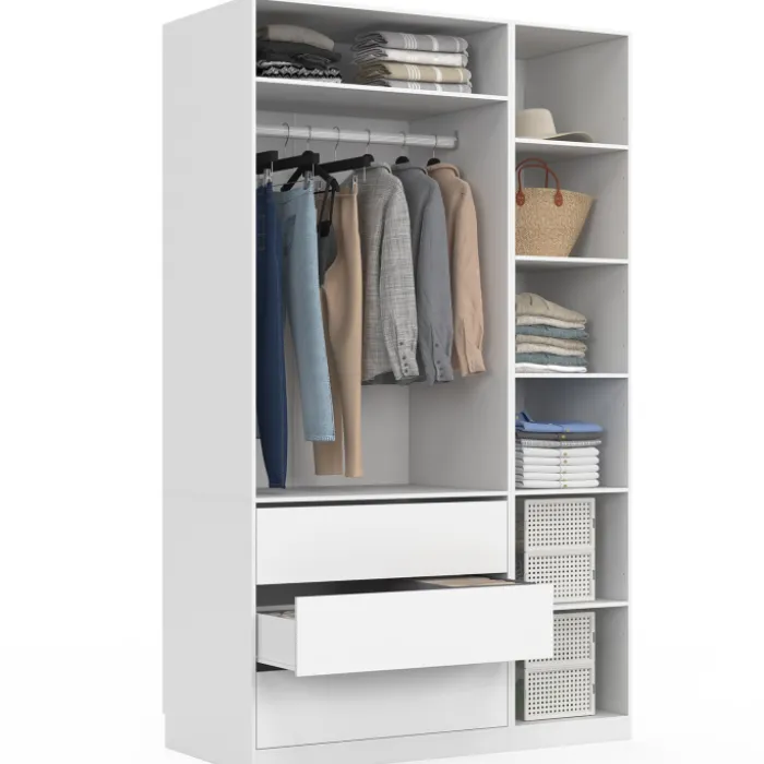 Grand dressing modulable blanc 200 cm avec 1 penderie, 7 étagères et 3 tiroirs
