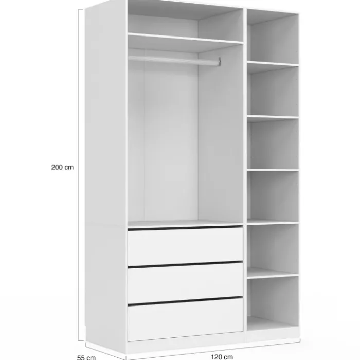 Grand dressing modulable blanc 200 cm avec 1 penderie, 7 étagères et 3 tiroirs
