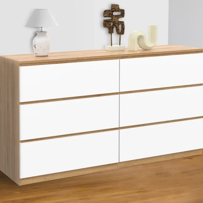 Grande commode 6 tiroirs façon hêtre et blanc