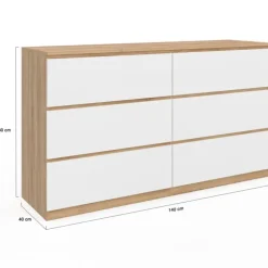 Grande commode 6 tiroirs façon hêtre et blanc