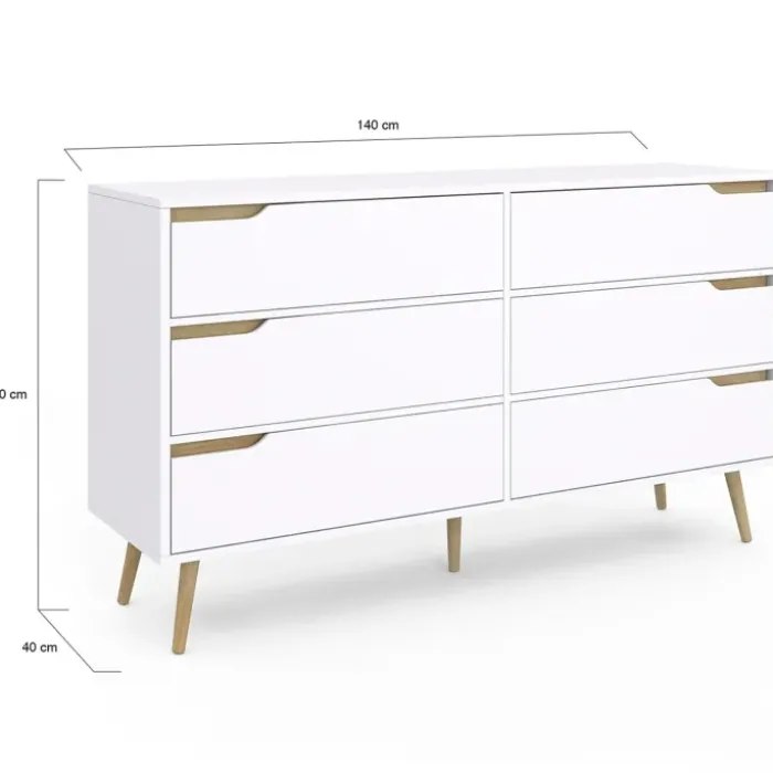 Grande commode blanche scandinave avec 6 tiroirs