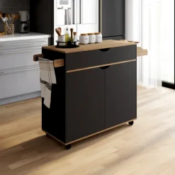 Grande desserte de cuisine noire et bois avec placard et tiroir