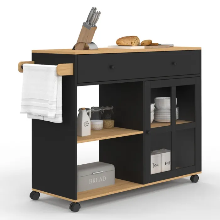 Grande desserte de cuisine avec placard vitré bois et noir