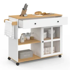 Grande desserte de cuisine avec placard vitré bois et blanc