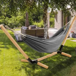 Hamac gris anthracite en toile avec support bois