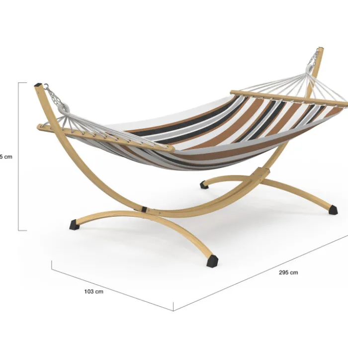 Hamac XL avec support métal effet bois et toile rayée noire, blanche et chocolat