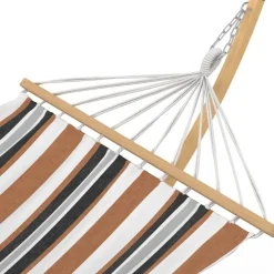 Hamac XL avec support métal effet bois et toile rayée noire, blanche et chocolat