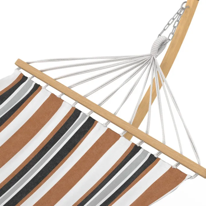 Hamac XL avec support métal effet bois et toile rayée noire, blanche et chocolat