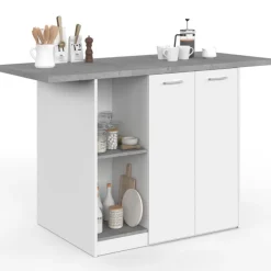 Ilot central 140 cm 4 personnes bois blanc avec plan de travail effet béton