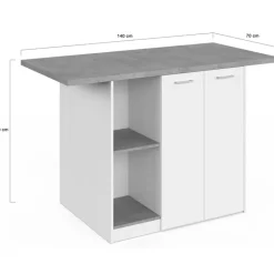 Ilot central 140 cm 4 personnes bois blanc avec plan de travail effet béton