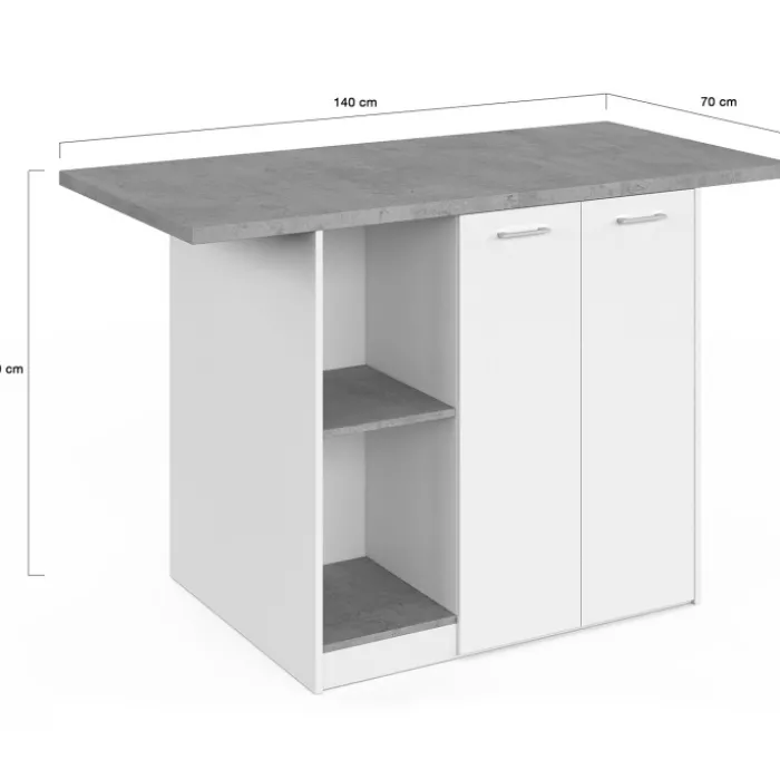 Ilot central 140 cm 4 personnes bois blanc avec plan de travail effet béton