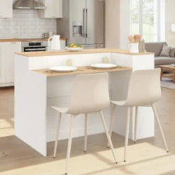 Ilot central 130 cm 2 personnes double plateau bois blanc avec plan de travail façon hêtre