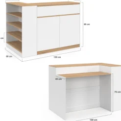 Ilot central 130 cm 2 personnes double plateau bois blanc avec plan de travail façon hêtre