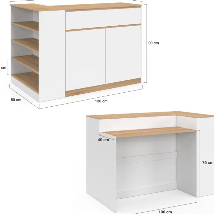Ilot central 130 cm 2 personnes double plateau bois blanc avec plan de travail façon hêtre