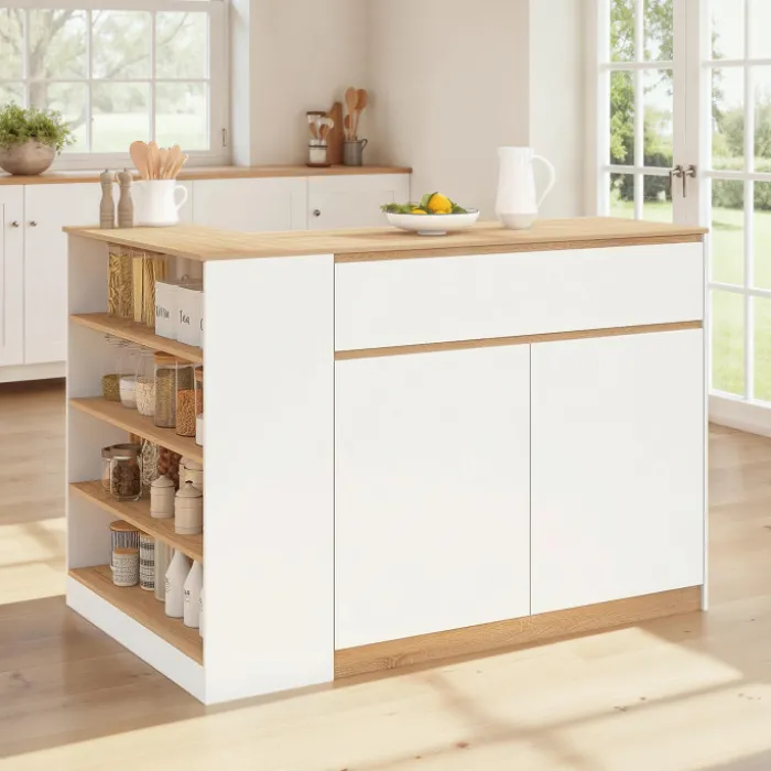 Ilot central 130 cm 2 personnes double plateau bois blanc avec plan de travail façon hêtre