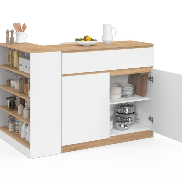 Ilot central 130 cm 2 personnes double plateau bois blanc avec plan de travail façon hêtre