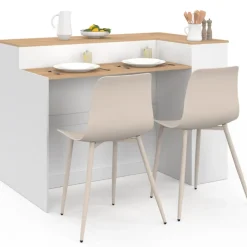 Ilot central 130 cm 2 personnes double plateau bois blanc avec plan de travail façon hêtre