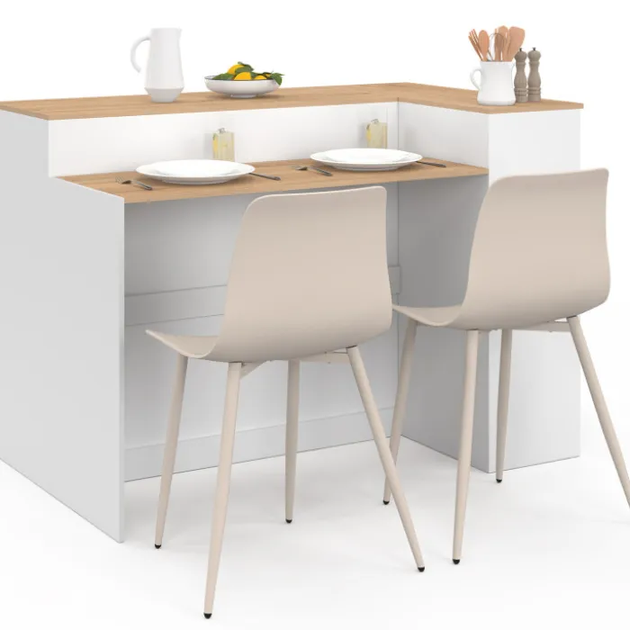 Ilot central 130 cm 2 personnes double plateau bois blanc avec plan de travail façon hêtre