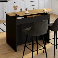 Ilot central 110 cm avec tablette relevable rectangulaire bois noir et façon hêtre