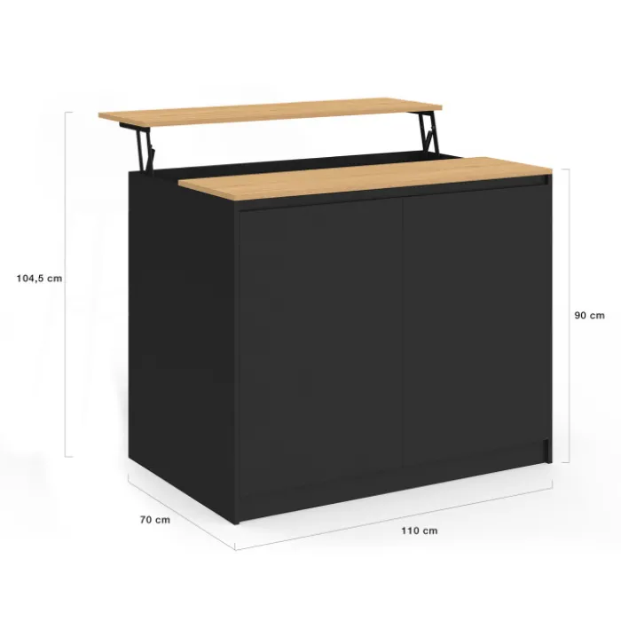 Ilot central 110 cm avec tablette relevable rectangulaire bois noir et façon hêtre