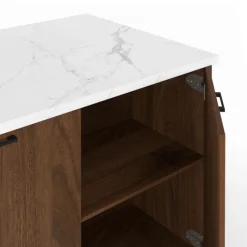 Ilot central 120 cm bois foncé effet noyer avec plan de travail effet marbre