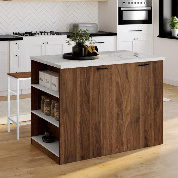 Ilot central 120 cm bois foncé effet noyer avec plan de travail effet marbre