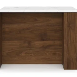 Ilot central 120 cm bois foncé effet noyer avec plan de travail effet marbre