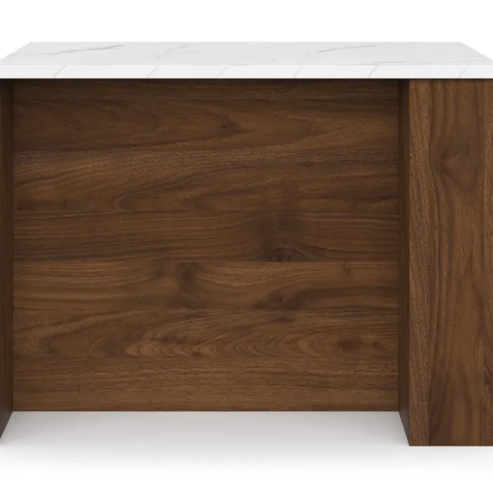 Ilot central 120 cm bois foncé effet noyer avec plan de travail effet marbre
