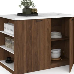 Ilot central 120 cm bois foncé effet noyer avec plan de travail effet marbre