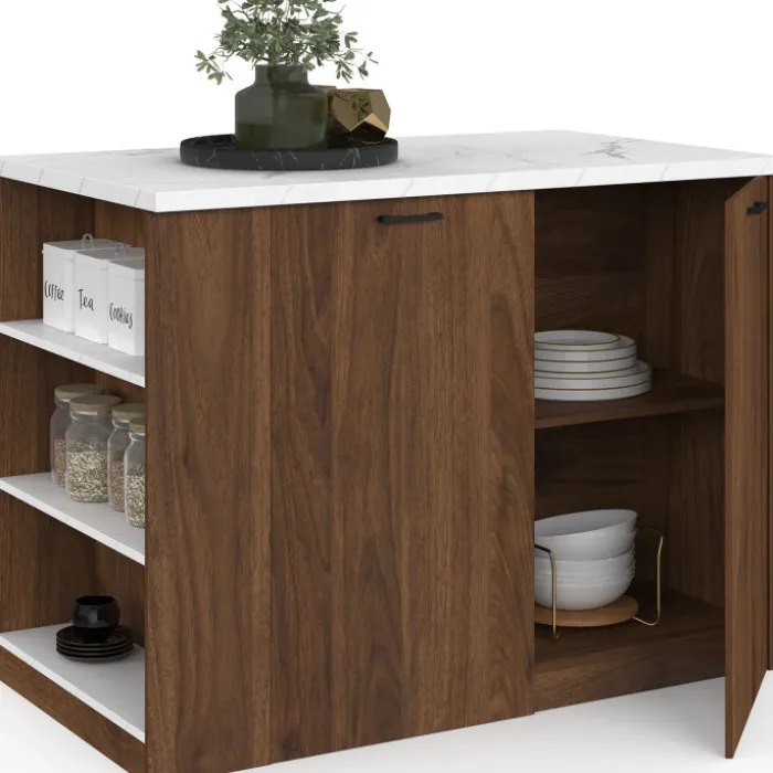 Ilot central 120 cm bois foncé effet noyer avec plan de travail effet marbre