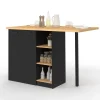 Ilot central 140 cm bois noir avec plan de travail façon hêtre