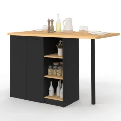 Ilot central 140 cm bois noir avec plan de travail façon hêtre