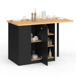 Ilot central 140 cm bois noir avec plan de travail façon hêtre