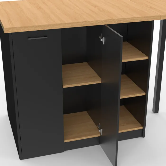 Ilot central 140 cm bois noir avec plan de travail façon hêtre