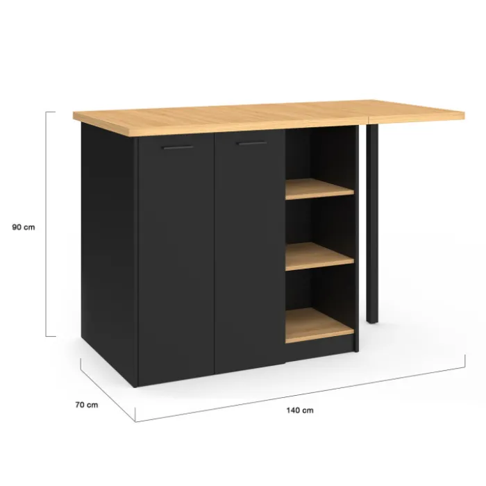 Ilot central 140 cm bois noir avec plan de travail façon hêtre