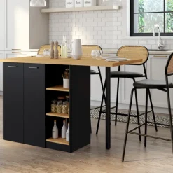 Ilot central 140 cm bois noir avec plan de travail façon hêtre