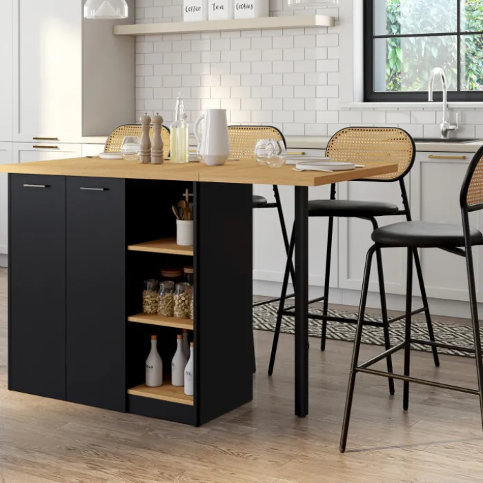Ilot central 140 cm bois noir avec plan de travail façon hêtre