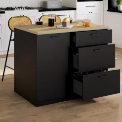 Ilot central 110 cm casserolier 3 tiroirs bois noir avec plan de travail façon hêtre