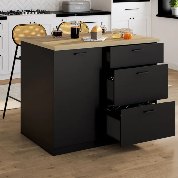 Ilot central 110 cm casserolier 3 tiroirs bois noir avec plan de travail façon hêtre