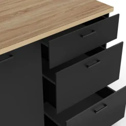 Ilot central 110 cm casserolier 3 tiroirs bois noir avec plan de travail façon hêtre