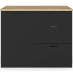 Ilot central 110 cm casserolier 3 tiroirs bois noir avec plan de travail façon hêtre