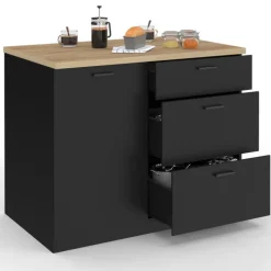 Ilot central 110 cm casserolier 3 tiroirs bois noir avec plan de travail façon hêtre