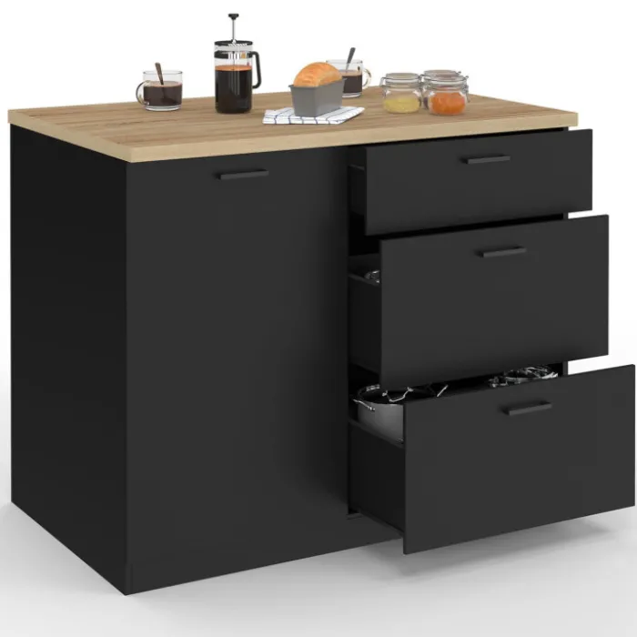 Ilot central 110 cm casserolier 3 tiroirs bois noir avec plan de travail façon hêtre