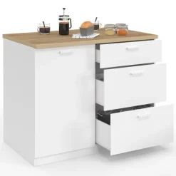 Ilot central 110 cm casserolier 3 tiroirs bois blanc avec plan de travail façon hêtre
