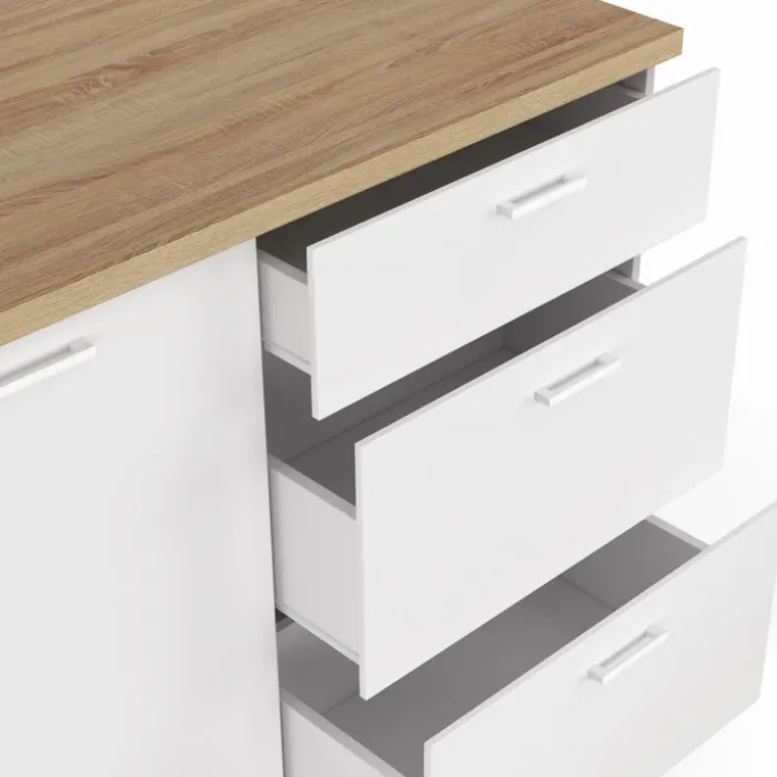 Ilot central 110 cm casserolier 3 tiroirs bois blanc avec plan de travail façon hêtre