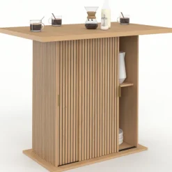Ilot central 4 personnes 110 cm pied central avec rangement effet lattes tasseau de bois