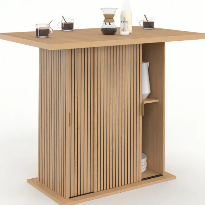 Ilot central 4 personnes 110 cm pied central avec rangement effet lattes tasseau de bois
