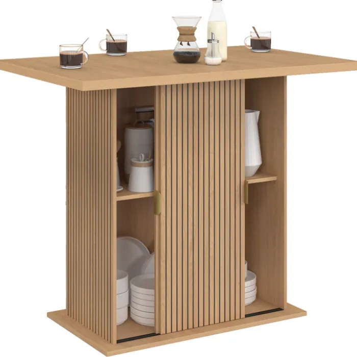 Ilot central 4 personnes 110 cm pied central avec rangement effet lattes tasseau de bois